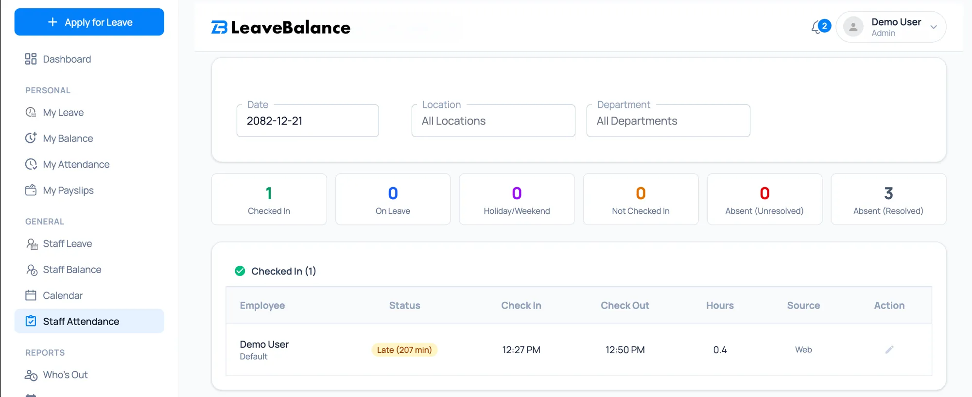 Leave Balance staff attendance dashboard showing check-in status, late detection, and absence tracking